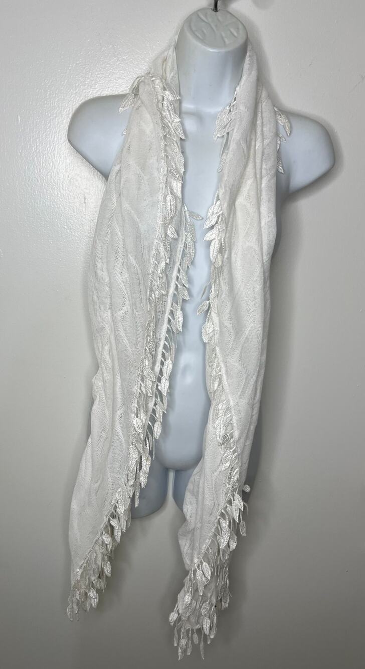 Gathered White Semi-Sheer Leaf Fringe Scarf Shawl Wrap ~ 75" by 20"